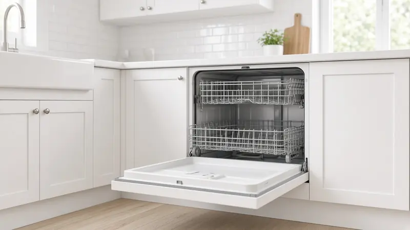 Open dishwasher with the upper and lower racks extended and the tub floor visible