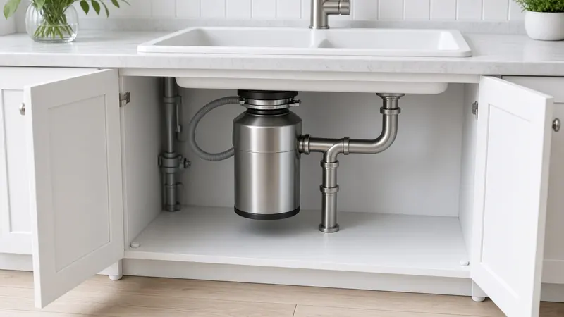 Kitchen sink basin with a garbage disposal mounted underneath and the splash guard visible in the drain