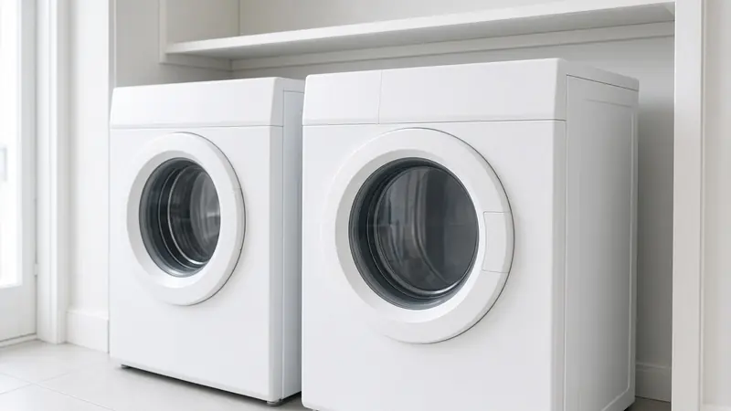 Samsung-style front-load dryer in a laundry closet with the door closed and the control panel visible