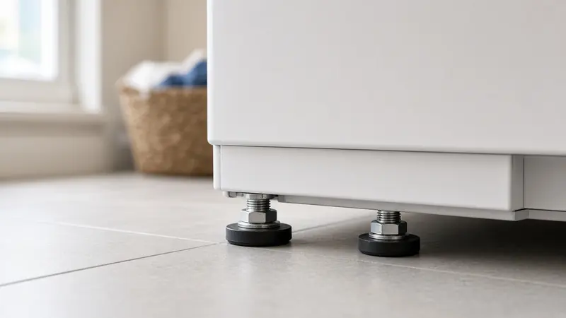 Leveling feet at the base of a clothes dryer on a laundry-room floor