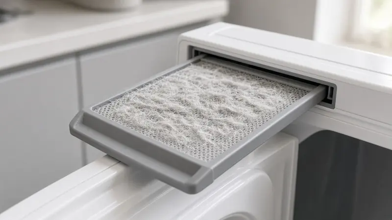 A dryer lint screen pulled out and covered with a thick layer of lint