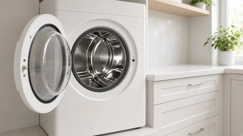 An open clothes dryer with an empty drum, viewed from the doorway of a laundry room
