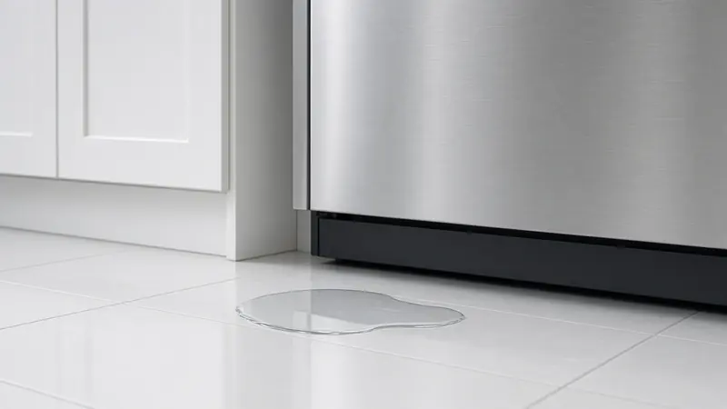 A small puddle on the floor in front of a closed dishwasher
