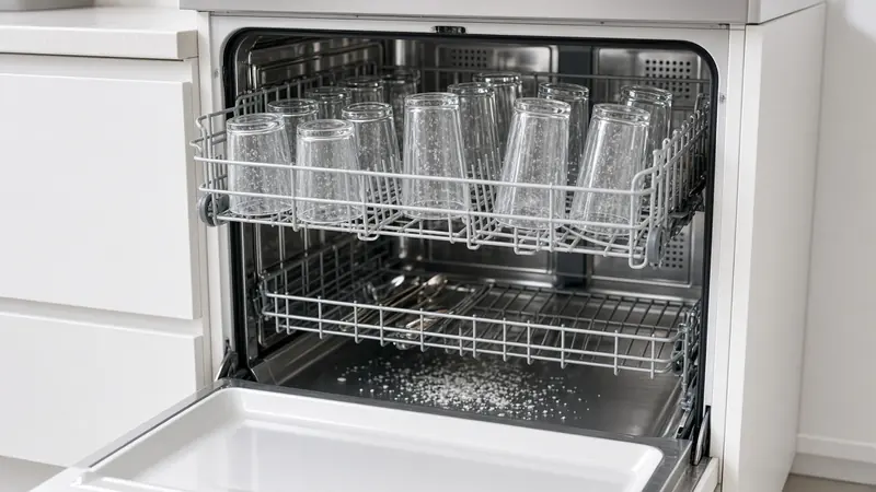 Glasses in a dishwasher rack with spots and water still on them