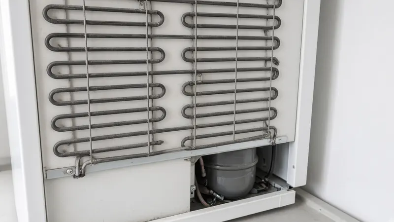 Refrigerator condenser coils behind a toe grille with dust along the front edge