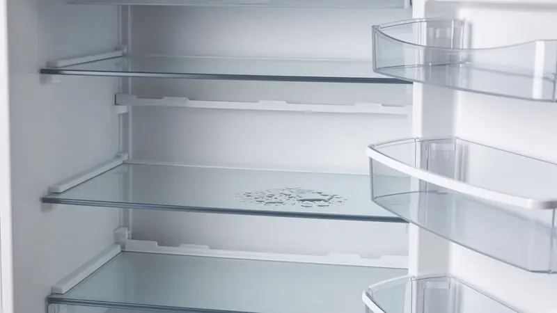 A small puddle on the bottom interior shelf of a refrigerator, below the crisper area