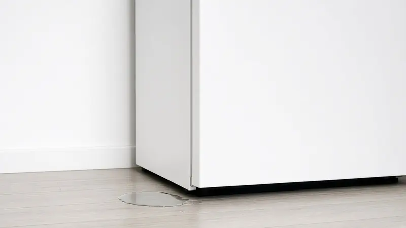 A small puddle on the kitchen floor under a refrigerator pulled slightly out from the wall