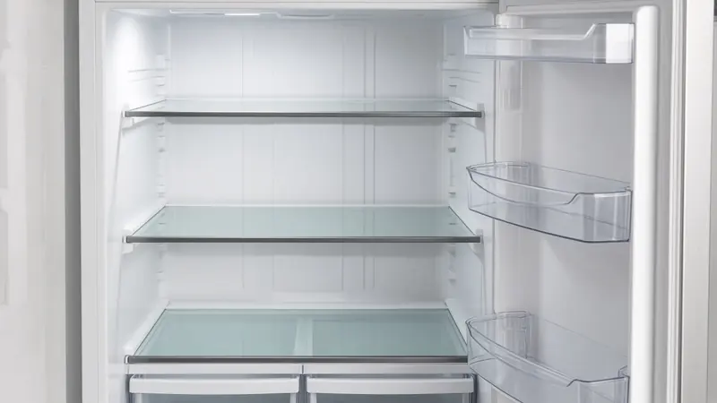 Inside a refrigerator, with shelves where a thermometer can sit