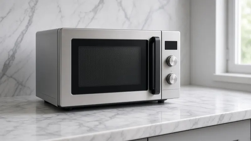 A countertop microwave with a dark door, sitting on a kitchen counter