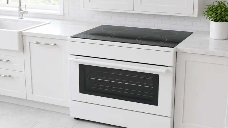 A smooth black glass electric cooktop with four circular heating zones