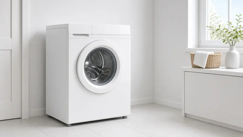 A front-load washing machine with the door closed in a laundry room