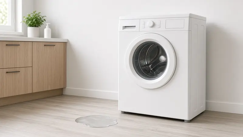 A front-load washer with a small puddle at the front corner