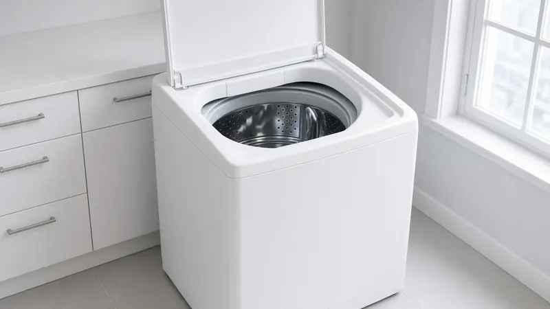 Top-load GE washer with the lid raised and cloudy water still in the basket